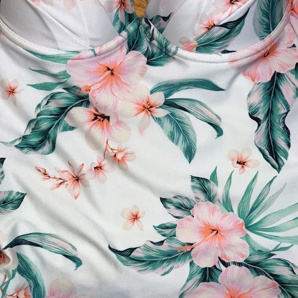 Tropical Floral Tankini Swim Top Womens White Pink Green Plunge Bustier L Raisin - Picture 3 of 4
